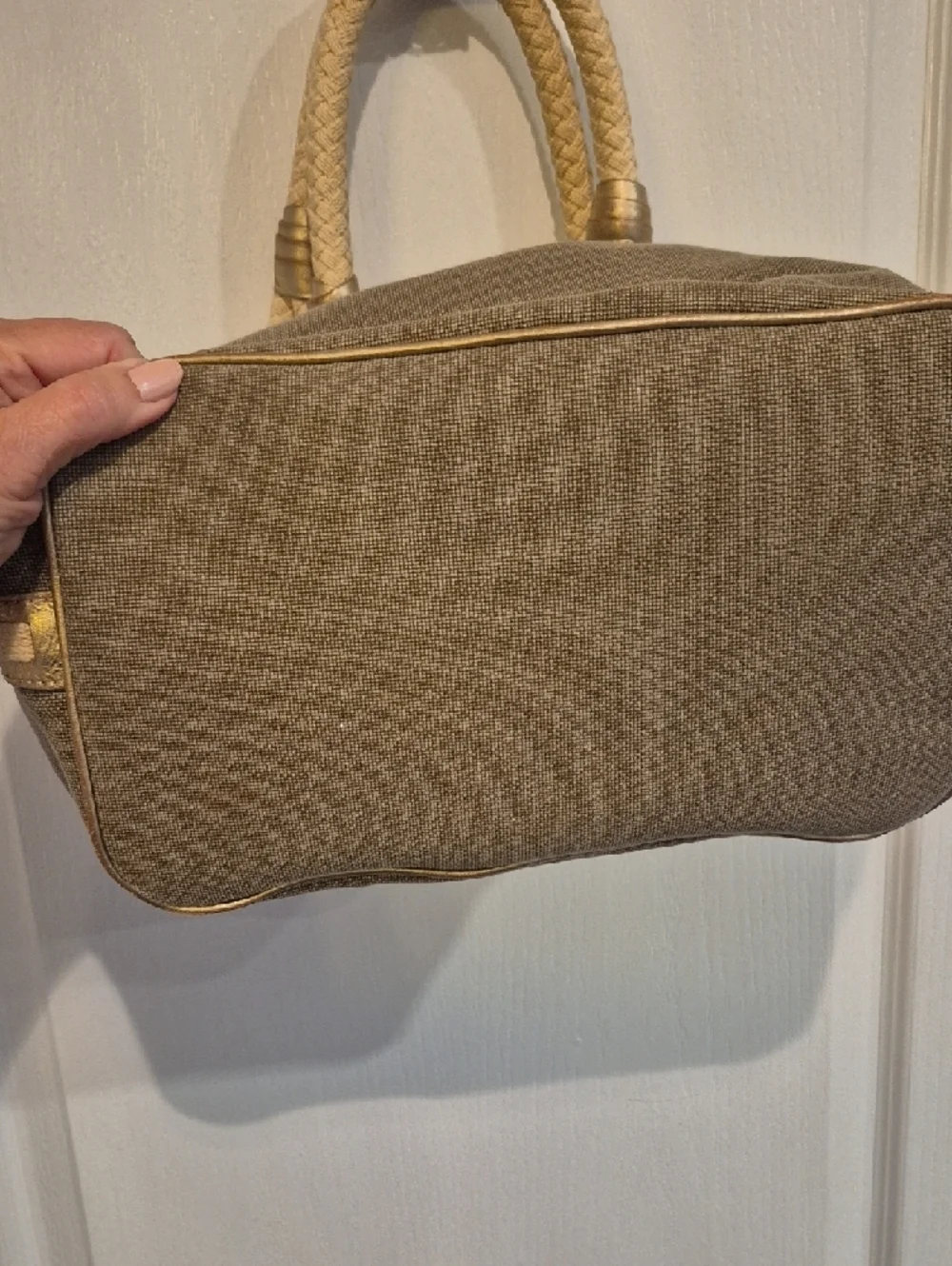 Michael Kors Beige-Tan Rope Handle Shoulder Bag With Gold Leather Trim
